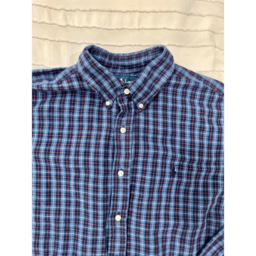 Ralph Lauren Classic Fit Blue Plaid Cotton Button Down Shirt Men's Large Preppy - Picture 5 of 16